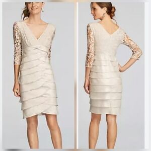 NWT Adrianna Papell Lace 3/4Sleeve Tiered Shimmer Sheath Dress 10 Champagne